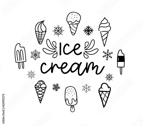 Ice cream icons. Typography, black letters isolated on white background. Vector type illustration. Logo for ice cream, labels, stickers and badges. Hand drawn ice cream text and doodle set.