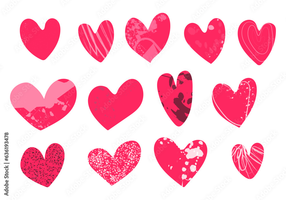 Heart hand drawn icons isolated on white background. For postcard, poster and Valentine's Day. Set of hearts with textures