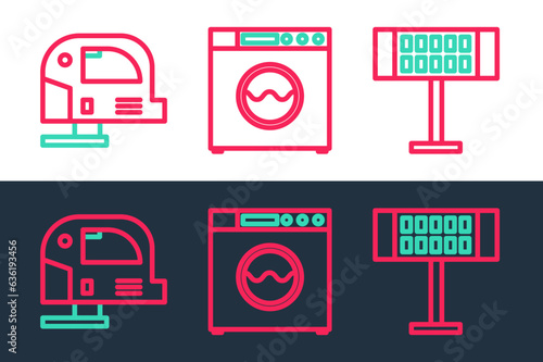 Set line Electric heater, jigsaw and Washer icon. Vector