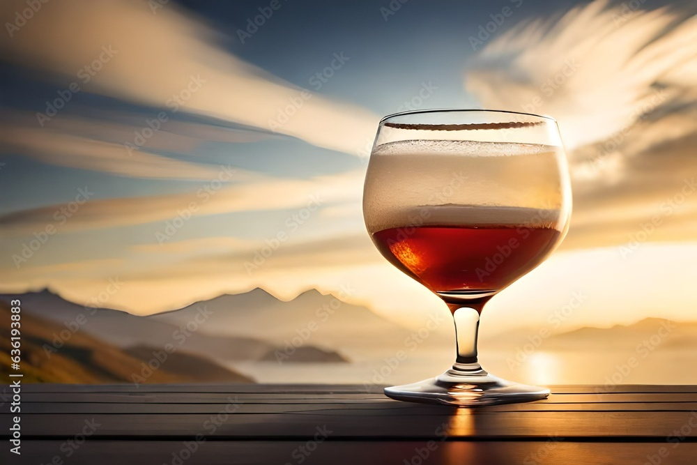 glass of red wine on sunset background
