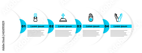 Set line Hands in praying position, Jainism or Jain Dharma, Tombstone with cross and Priest icon. Vector