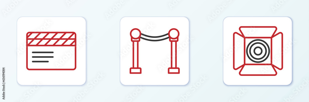 Set line Movie spotlight, clapper and Rope barrier icon. Vector Set line Movie spotlight, clapper and Rope barrier icon. Vector