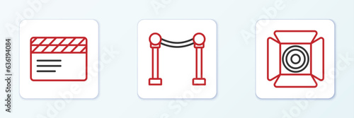 Set line Movie spotlight, clapper and Rope barrier icon. Vector