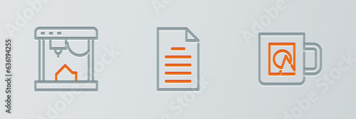 Set line Coffee cup, 3D printer and File document icon. Vector