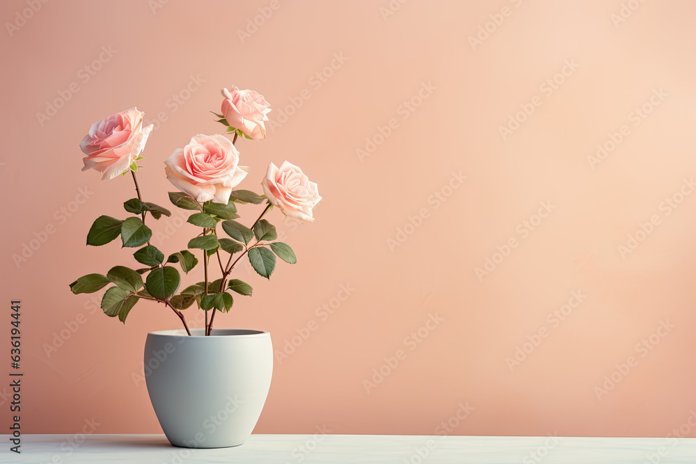 Roses flowers in a clay pot, minimalism, pastel background, copy space Roses flowers in a clay pot, minimalism, pastel background, copy space