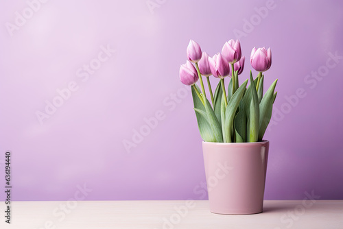  Tulip flowers in a clay pot, minimalism, pastel background, copy space