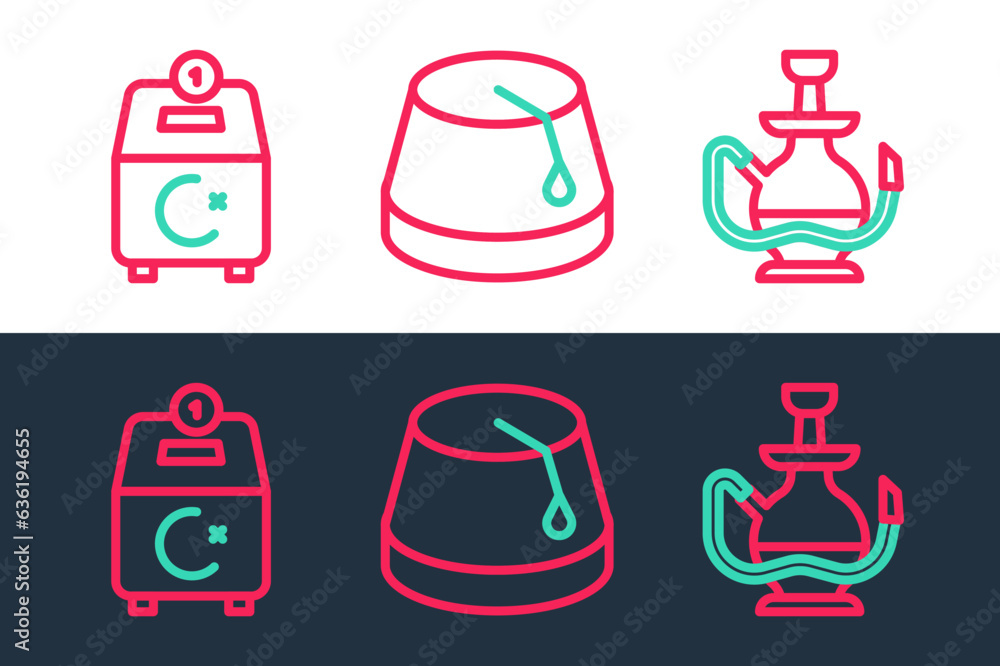 Set line Hookah, Donate or pay your zakat and Turkish hat icon. Vector Set line Hookah, Donate or pay your zakat and Turkish hat icon. Vector