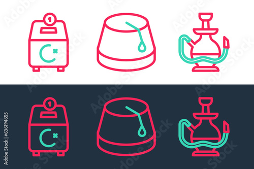 Set line Hookah, Donate or pay your zakat and Turkish hat icon. Vector