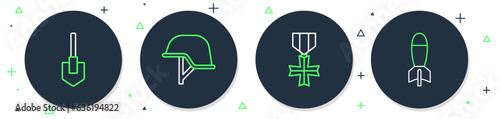Set line Military helmet, reward medal, Shovel and Rocket launcher icon. Vector