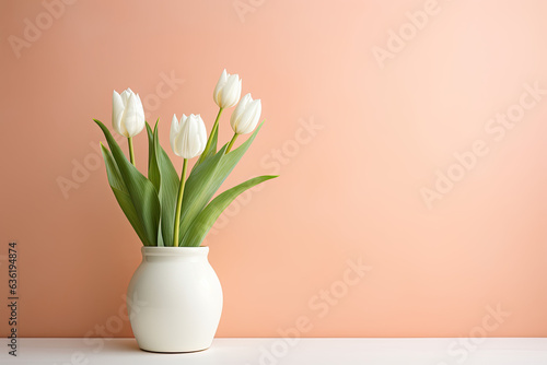  Tulip flowers in a clay pot, minimalism, pastel background, copy space #636194874