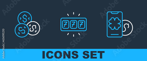 Set line Online poker table game, Casino chip with dollar and Slot machine jackpot icon. Vector