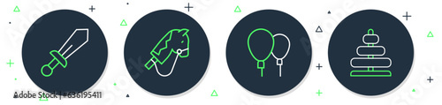 Set line Toy horse, Balloons, Sword toy and Pyramid icon. Vector