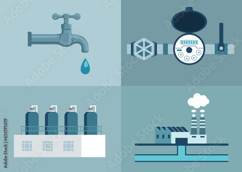 Water supply and sanitation services icons set. water treatment, distribution and collection service provider