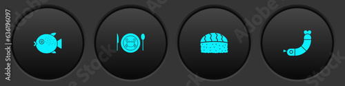 Set Puffer fish, Served crab on a plate, Sushi and Shrimp icon. Vector