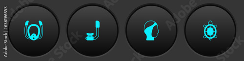 Set Diving mask with snorkel, Snorkel, hood and Turtle icon. Vector