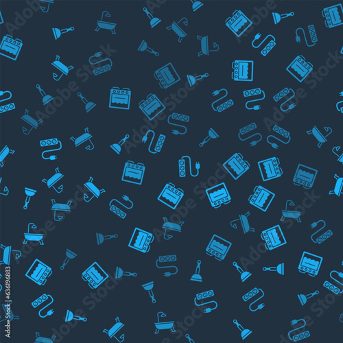Set Rubber plunger, Oven, Electric extension and Bathtub on seamless pattern. Vector