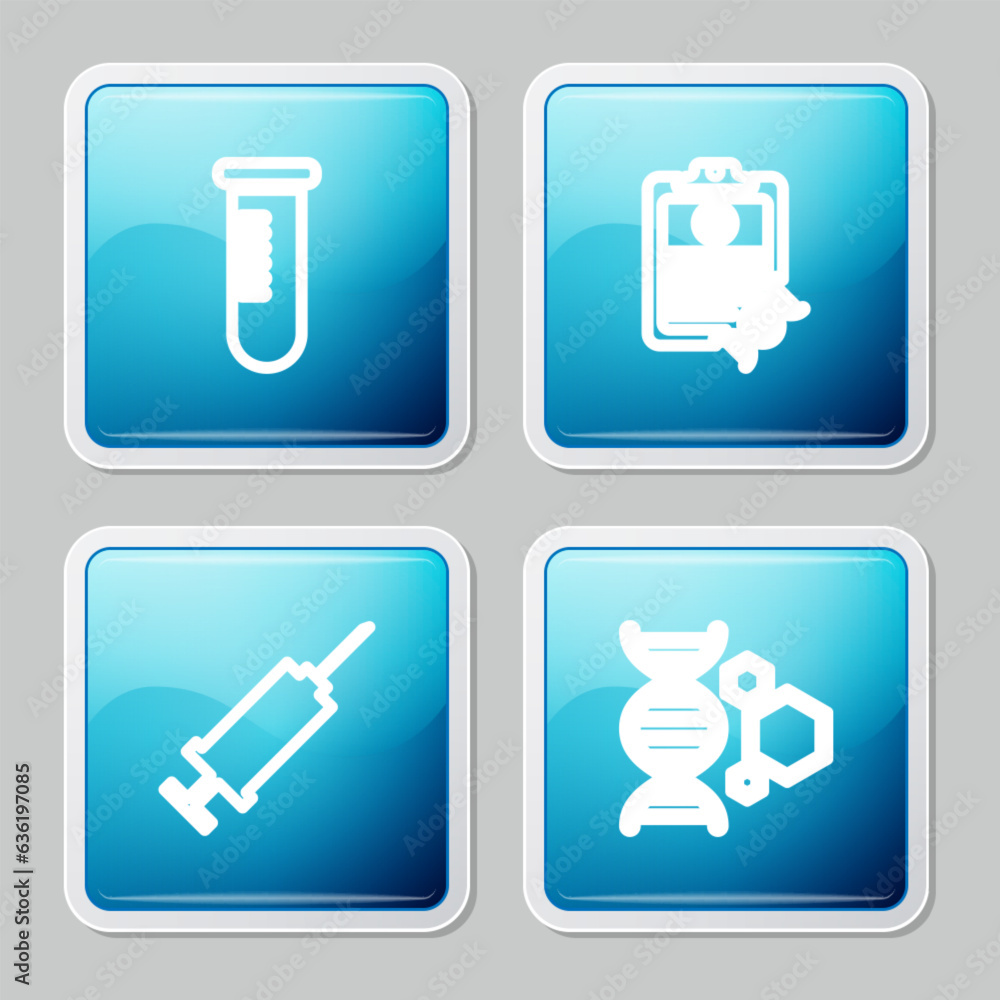 Set line Test tube or flask, Clipboard with DNA analysis, Syringe and Genetic engineering icon. Vector Set line Test tube or flask, Clipboard with DNA analysis, Syringe and Genetic engineering icon. Vector