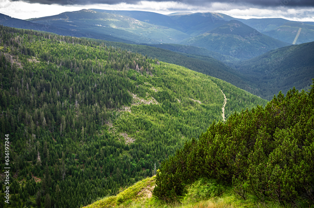 Naklejka premium Labský důl, Pančavský vodopád, Krkonoše, Giant Mountains, Riesengebirge, Karkonosze, Dolina Łaby rozległa panorama, wodospad panczawski