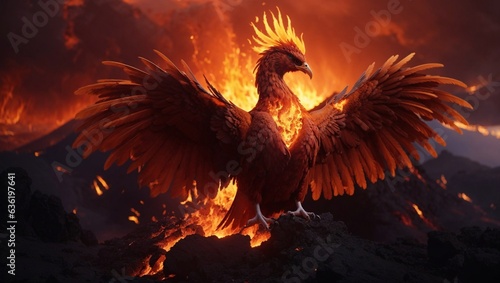 A majestic phoenix rising from the heart of an active volcano, its plumage flickering  © sachal