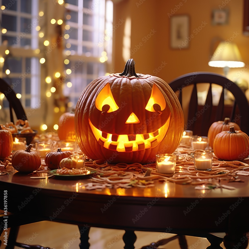 Pumpkin orange glows angry face. Pumpkin glows in the night for Halloween. generative ai Pumpkin orange glows angry face. Pumpkin glows in the night for Halloween. generative ai