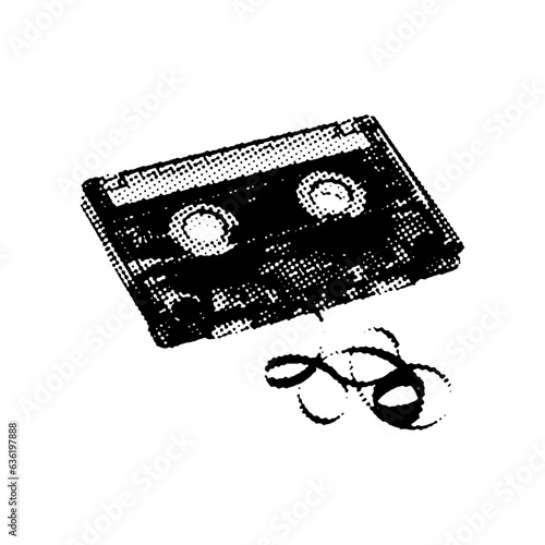 Halftone Audio Cassette. 90s Collage design element in trendy magazine style. Vector illustration with vintage grunge texture