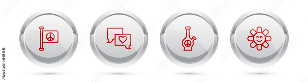Set line Flag peace, Speech bubble chat, Bong and Flower. Silver circle button. Vector Set line Flag peace, Speech bubble chat, Bong and Flower. Silver circle button. Vector