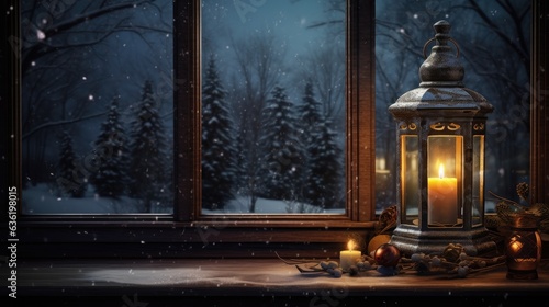 Christmas lamp and decor on the windowsill in winter mood created with Generative AI technology