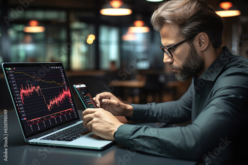 a man Broker investor stock trader holding mobile phone looking at laptop using computer analyzing cryptocurrency trading, financial digital market indices, cryptos stock market © Planetz