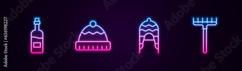 Set line Bottle of wine, Winter hat, and Garden rake. Glowing neon icon. Vector