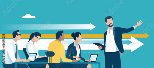 Vision. A leader presents his vision and motivates colleagues. Progress. Vector illustration