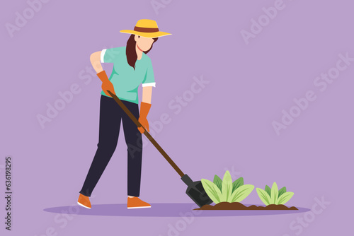 Character flat drawing young beautiful woman digs up the ground with a shovel. Planting, growing vegetables. The care of green garden. Agriculture, farming concept. Cartoon design vector illustration