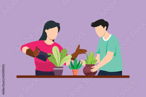 Cartoon flat style drawing man woman spraying and water flowers on shelf with watering can. Happy couple take care of homeplants, flowers in pots enjoying gardening. Graphic design vector illustration
