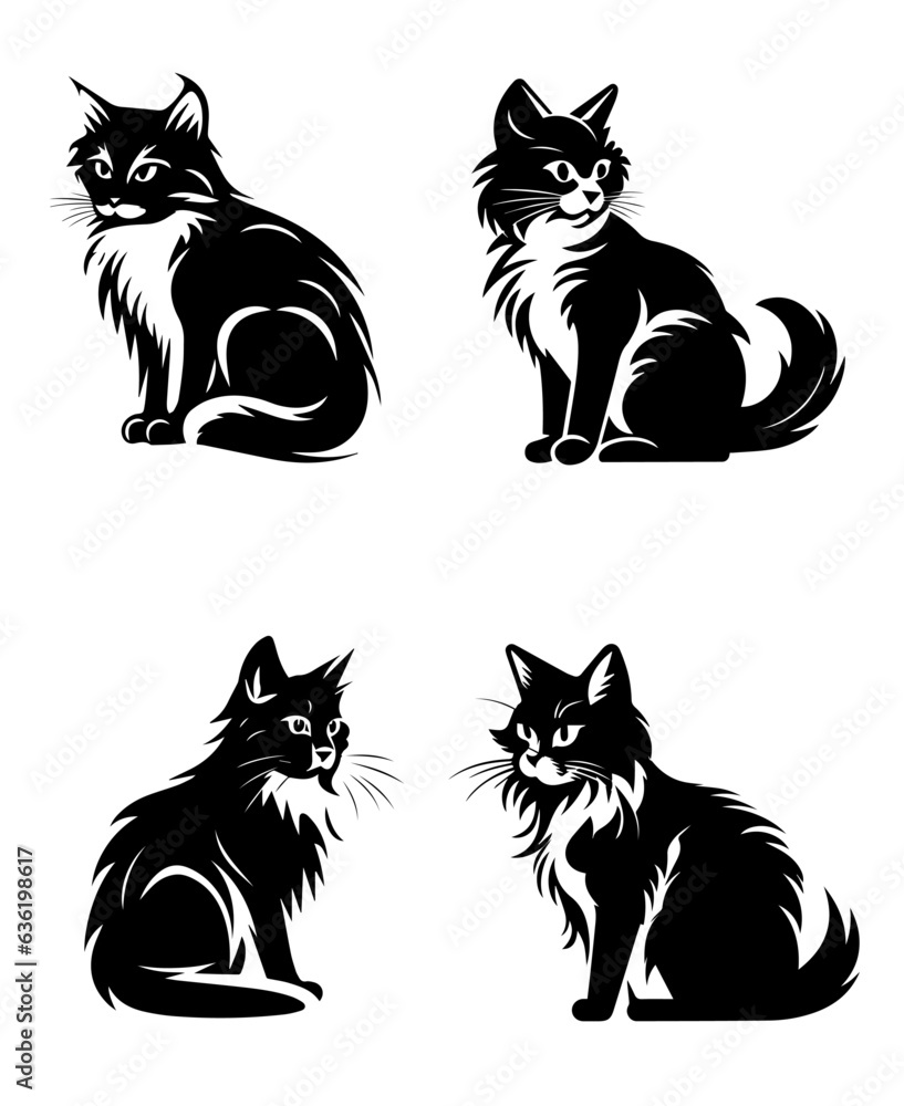 Obraz premium Cute kitty silhouette set vector black color flat minimal