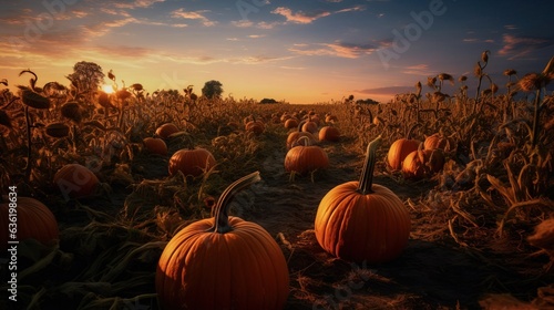Autumn pumpkins on the field. Created using generative AI technology.