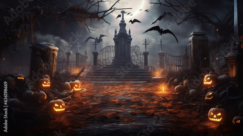 Halloween Spooky Nighttime Scene Horizontal Background. Generative AI. © GustavsMD