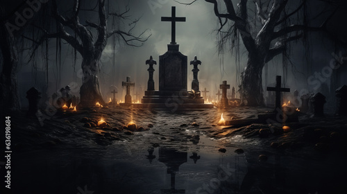 Halloween Spooky Nighttime Scene Horizontal Background. Generative AI.