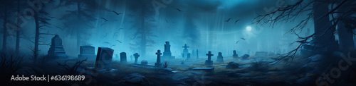 Blue Halloween Banner with Cemetery in a Thick Mist. Spooky Night Scene with Trees and Tombstones. Generative AI.