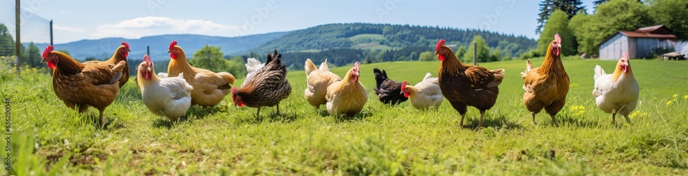 Fototapeta premium farm photo of chicken walking on the grass