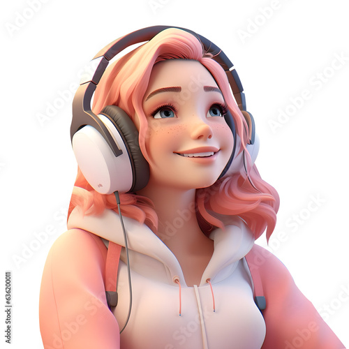 3d cute and shy girl wearing white headphones, listening  music, pink hoodie, vibing to music, character illustration isolated on transparent background, generative ai