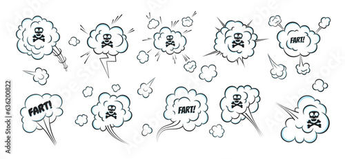Smelling pop art comic book cartoon fart cloud flat style design vector illustration set with text and skull with crossed bones. Bad stink or toxic aroma cartoon smoke cloud. photo