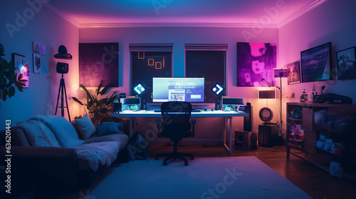 Cool gaming studio home office productivity setup with pink orange blue lights design. Desktop armchair and screen, streamer design photo