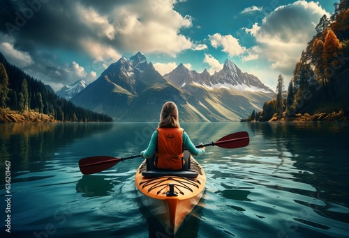 woman canoeing on a lake surrounded by mountains © alexxndr