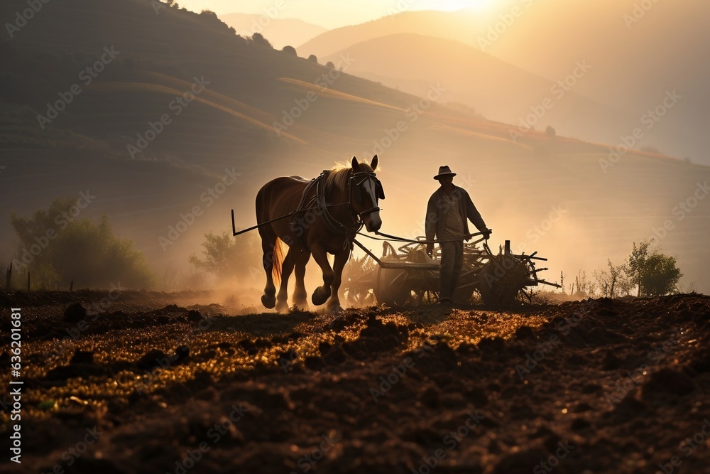 A farmer plowing his fields during the early morning hours, Generative Ai