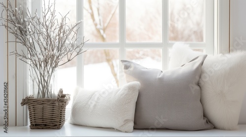 Cozy and festive atmosphere. Cushions and decor on the windowsill. created with Generative AI technology