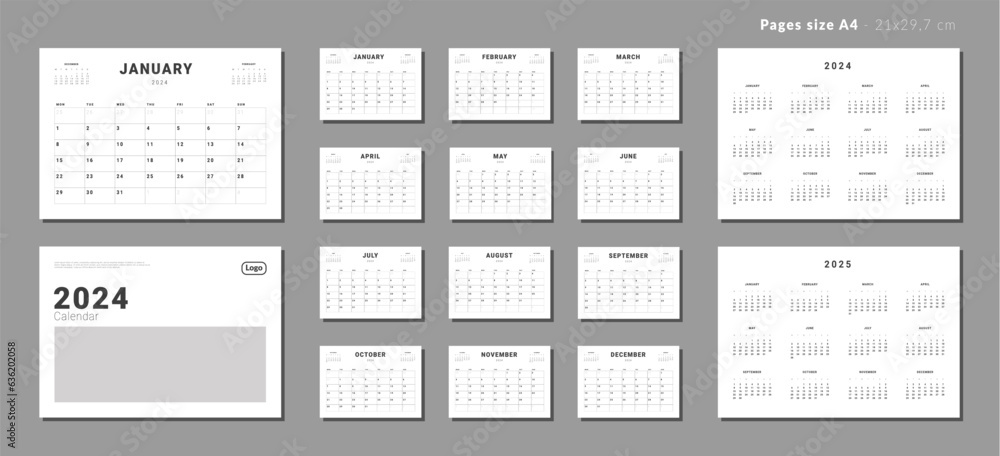 Set of Monthly pages Calendar Planner Templates 2024-2025 for wall or desk with Cover and place for Photo, Company Logo. Vector layout of calendar with week start Monday for print. Pages for size A4 Set of Monthly pages Calendar Planner Templates 2024-2025 for wall or desk with Cover and place for Photo, Company Logo. Vector layout of calendar with week start Monday for print. Pages for size A4