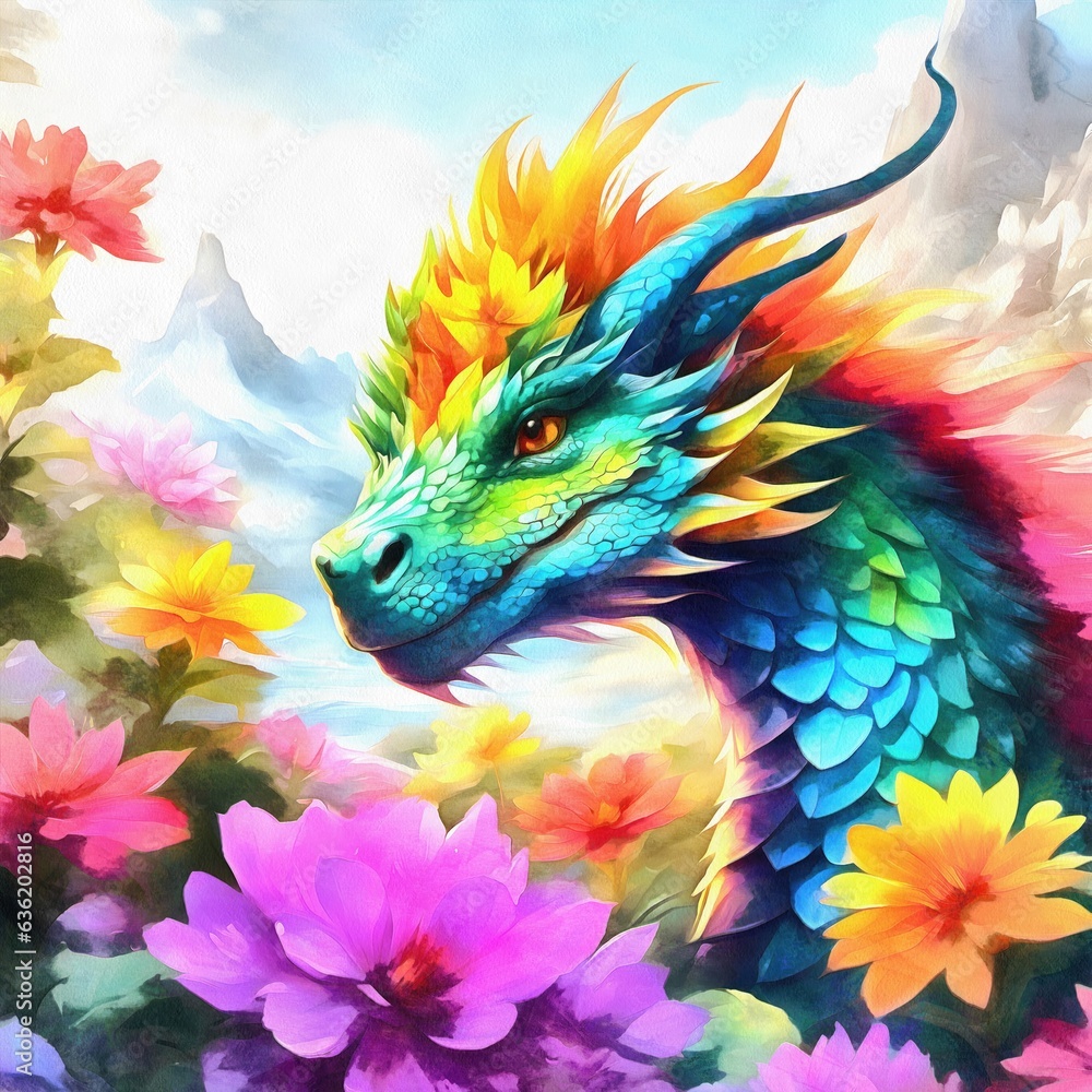 Fototapeta premium Dragon with flowers AI watercolor