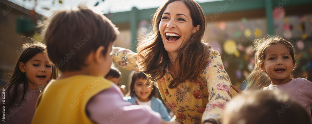 Young kindergarten teacher is smiling and enjoying playing with kids outside during beautiful sunny day.