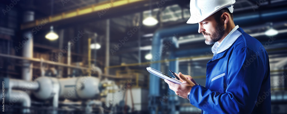 male engineer in facility during control porcess, holding and writing on pape,r checking quality material production analyzing physical chemical testing working in manufacturing ... - obrazy, fototapety, plakaty 