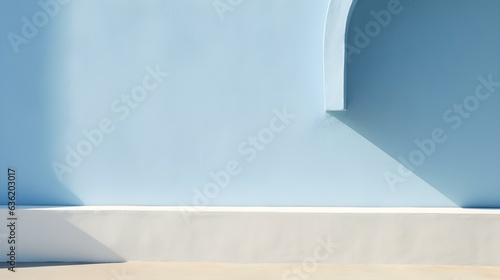 Empty Room in sky blue Colors with Shadows on the Wall. Elegant Studio Background for Product Presentation. 