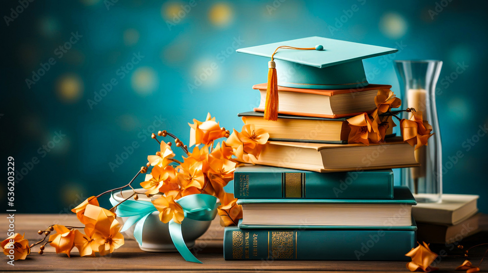© sanjit536 - Graduation hat and book on reading desk On a blue background © sanjit536 - Graduation hat and book on reading desk On a blue background
